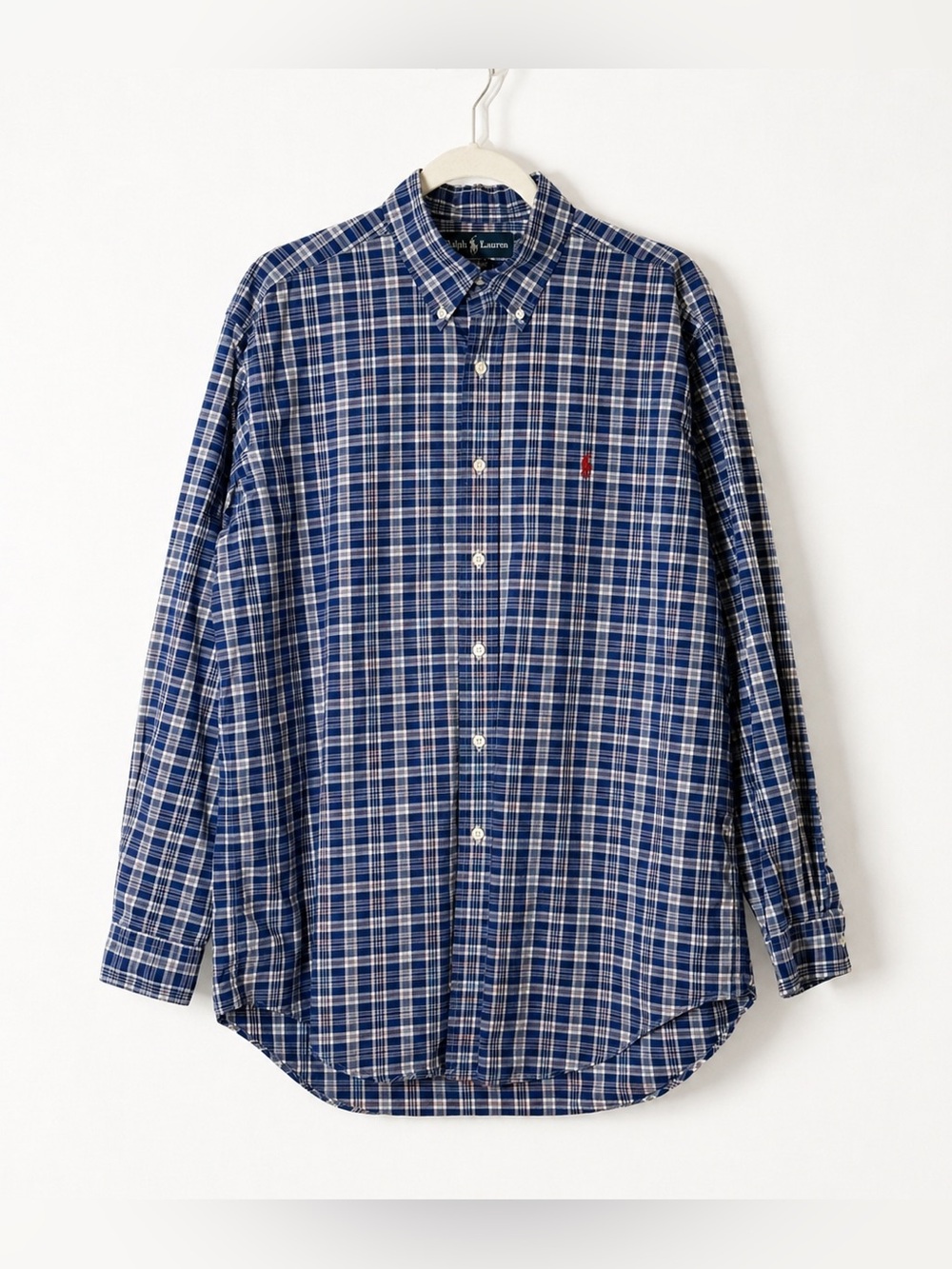 Vintage Ralph Lauren Button Down Shirt Blue Plaid Long Sleeve XL 16 Pony Logo